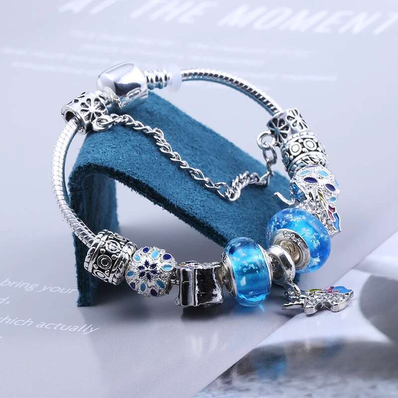 2024 New Cute Blue Crystal Unicorn Charm Bracelet Silver Color Luminous Beads Bracelets for Women Girl Fashion Jewelry Gift