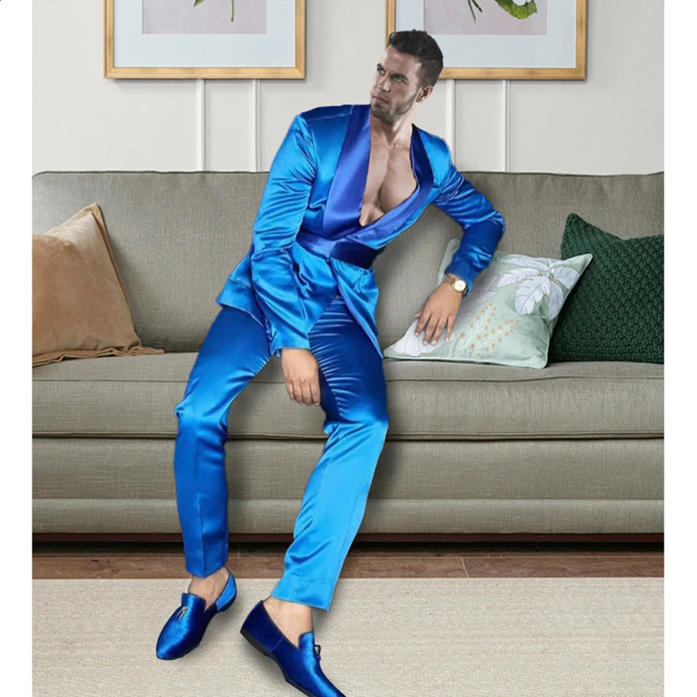 Fashionable blue shawl lapel mens set regular length flat front 2piece jacket pants ultrathin fit elegant wedding clothing complete 250311