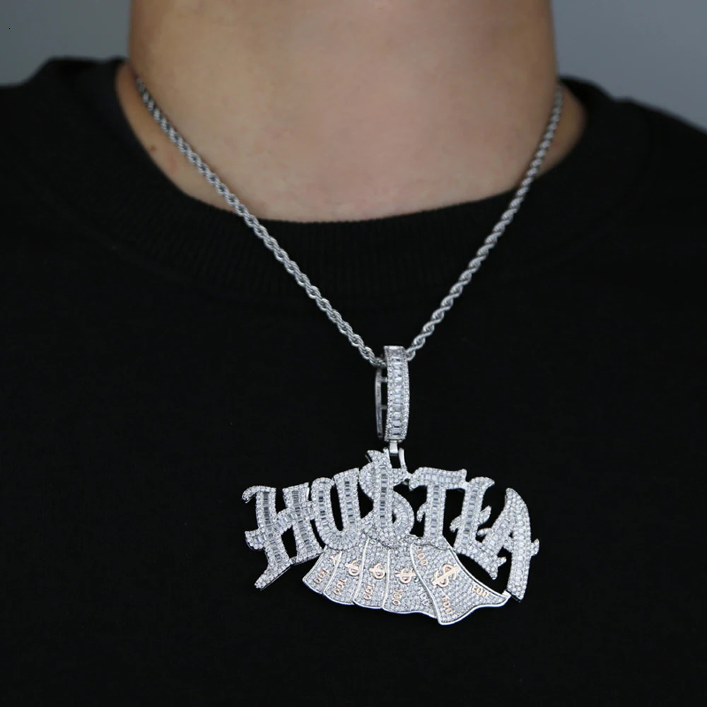Iced Out Bling Letter Hustla Pendant Necklace Gold Color Full CZ Zircon Money Charm Men Fashion Hiphop Jewelry 250320