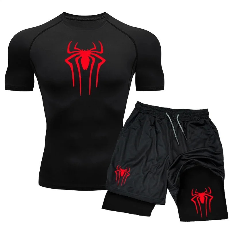 Compression Set Spider Print Sportwear for Men Quick Dry GYM ShortsShirt 2PCS Quick Dry Short Sleeve Trainning Sport Suit 250319
