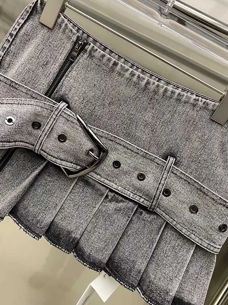 DEAT Womens Cowboy Skirt High Waist Wide Band Washed Grey Spliced Zipper Wrinkled Mini Skirt Spring 2025 New 11A0129XJ250320