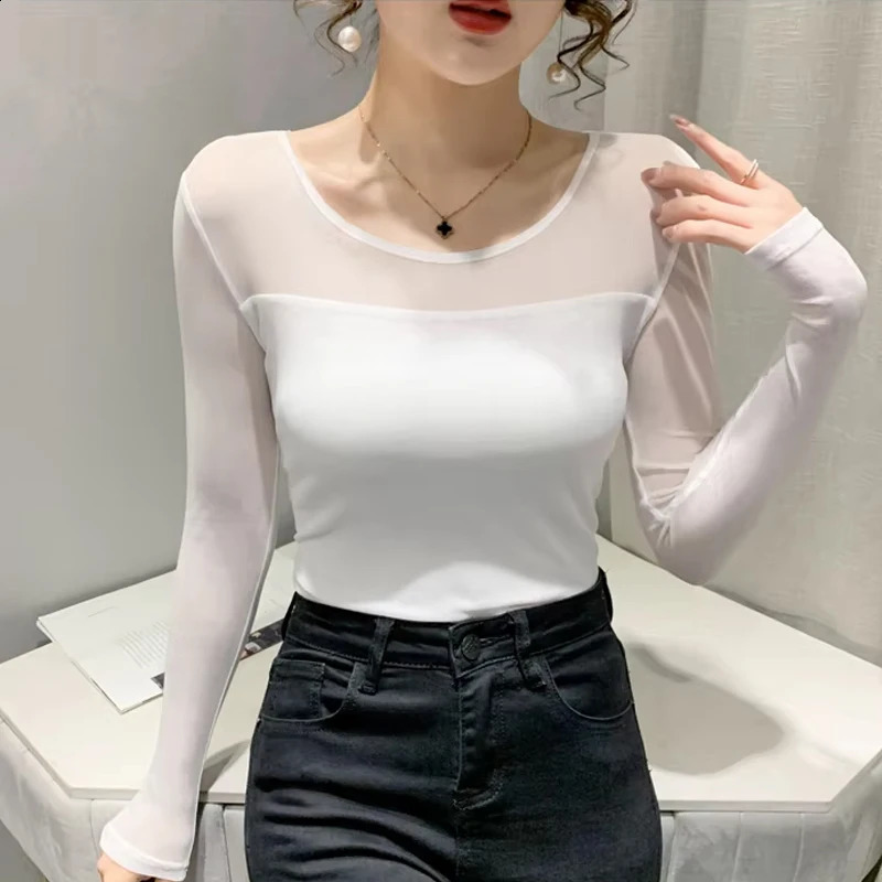 Autumn and winter round neck T-shirt womens sexy mesh eyeline shirt long sleeved solid color slim fit long sleeved casual top 250314