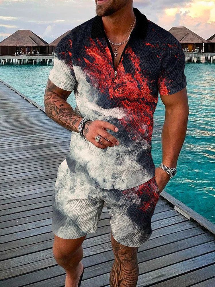 Summer trend printed mens track set casual zipper collar polo shirtshorts 2-piece set color printed streetwear mens clothing 250318