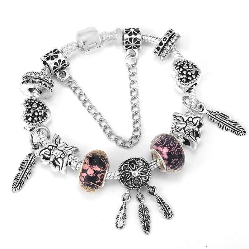 Silver Plated Noble Feather Butterfly Beads Charm Bracelets & Bangle Fit Original DIY Bracelet For Women Men Jewelry Gift