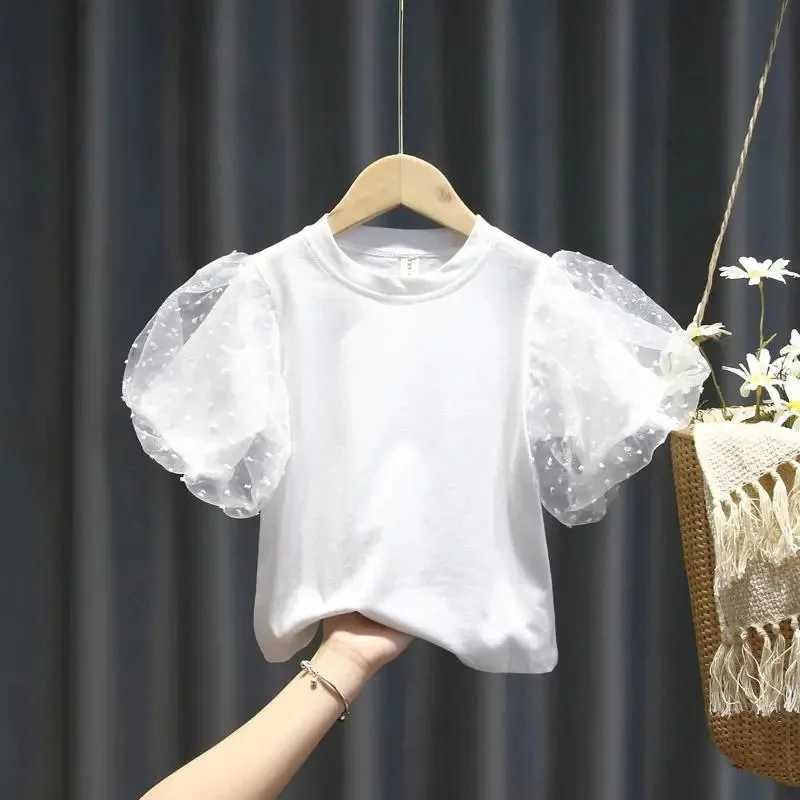 Summer cotton girls T-shirt lace short sleeved girls T-shirt solid color simple childrens clothing T-shirtT250320