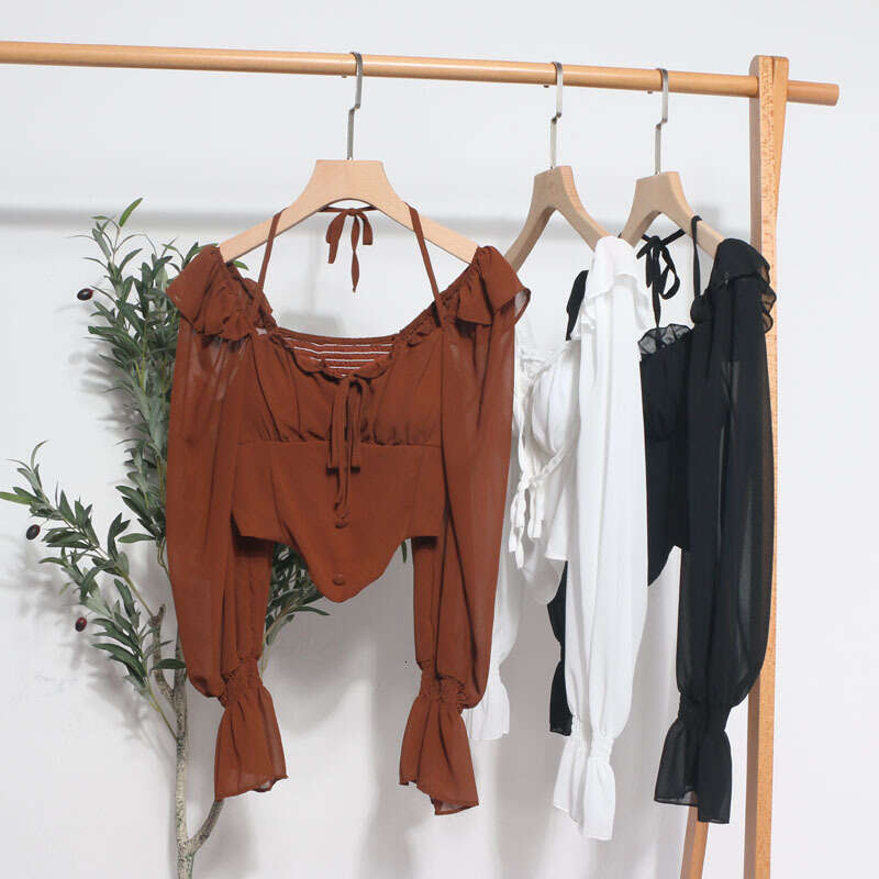 T Shirt Designer Men Blue Spicy Girl One Shoulder Neck Lacing Long Sleeve Hanging Chiffon Wooden Ear Edge Open Back Shirt Short Top with Chest Cushion