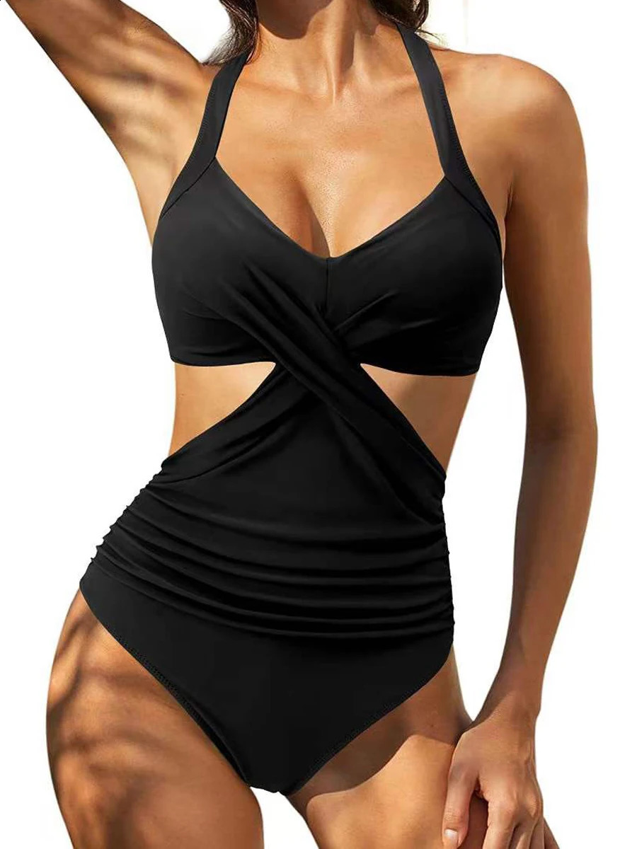 2025 Solid Printed Swimwear Women Halter Swimsuit Female Swimming Monokini Suit Padded Beachwear Bodysuit Summer 250312
