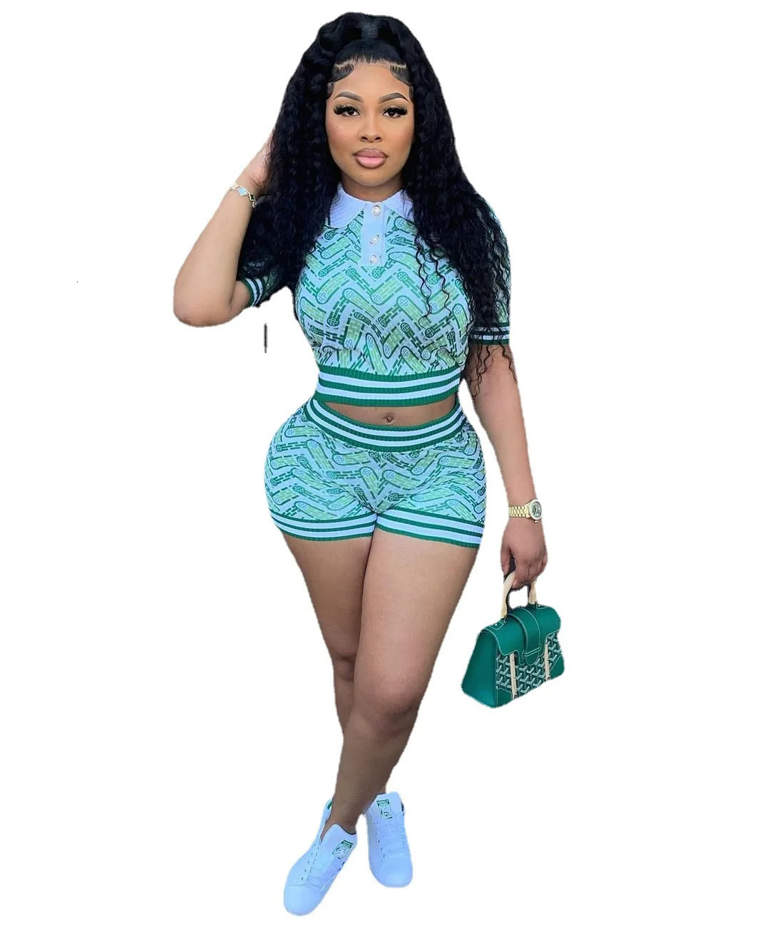 Retro casual 2piece womens springsummer digital printed lapel short sleeved topribbed high waisted set 250320