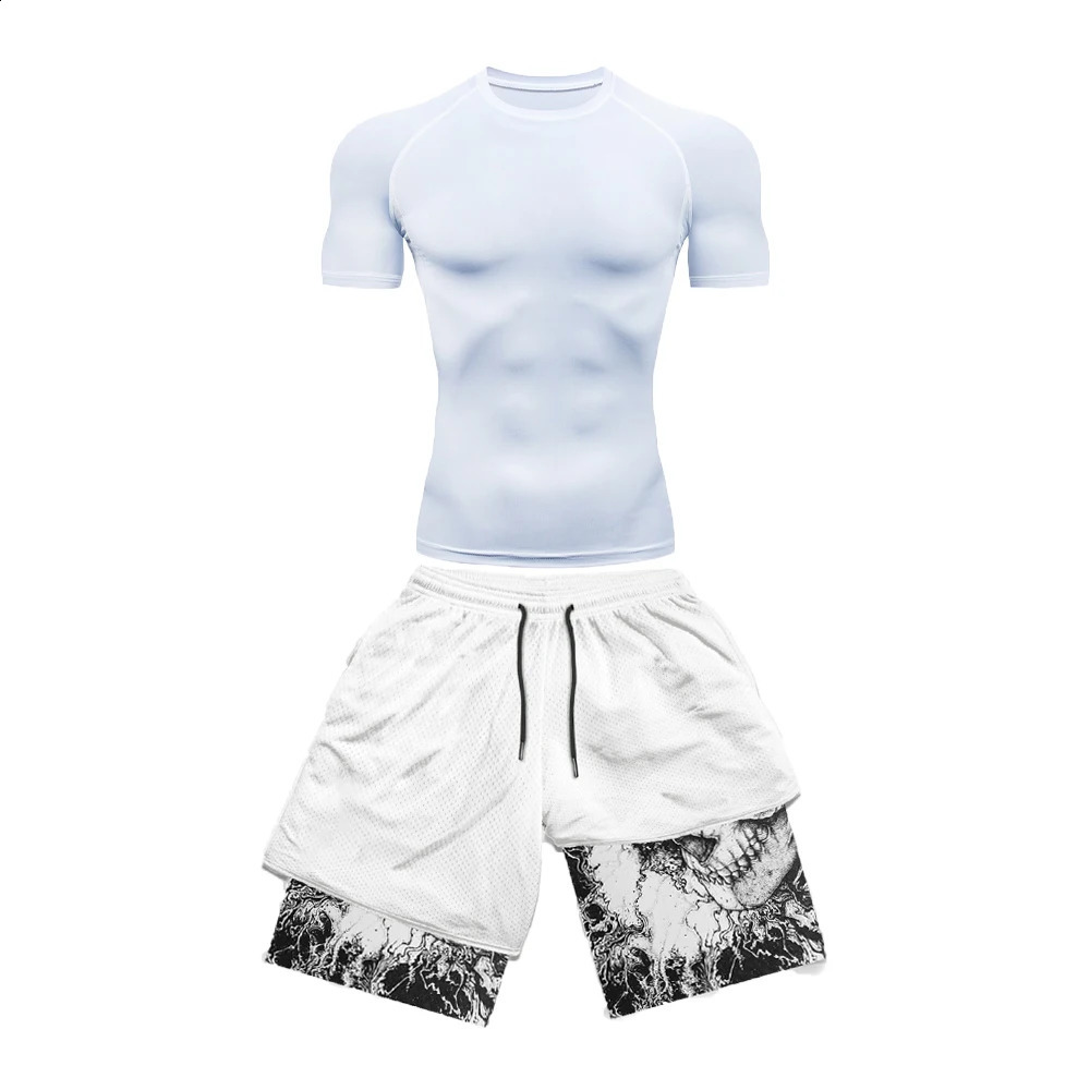 Mens Compression Suit Sports Fitness Quick Drying Tight Short Sleeved Anime Double Layer Shorts Summer 250319