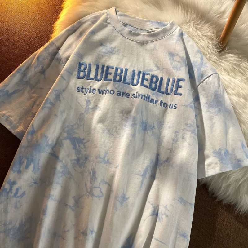 Tie dye embroidered short sleeved shirt Korean fashion trend womens T-shirt summer new 2024 fashion Y2K topT250320