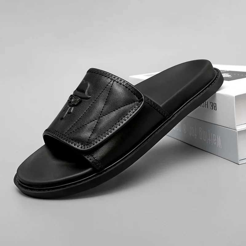 Real leather mens summer slippers outdoor casual shoes indoor slippers luxury brand N-Slip walking beach shoes Y250320