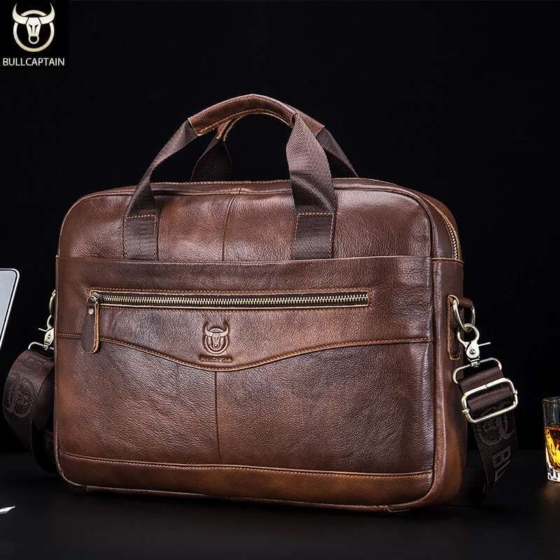 BULLCAPTAIN Shoulder Messenger Bags Genuine Leather 14-Inch Laptop Bag's Men's Briefcase Office Business Handbag