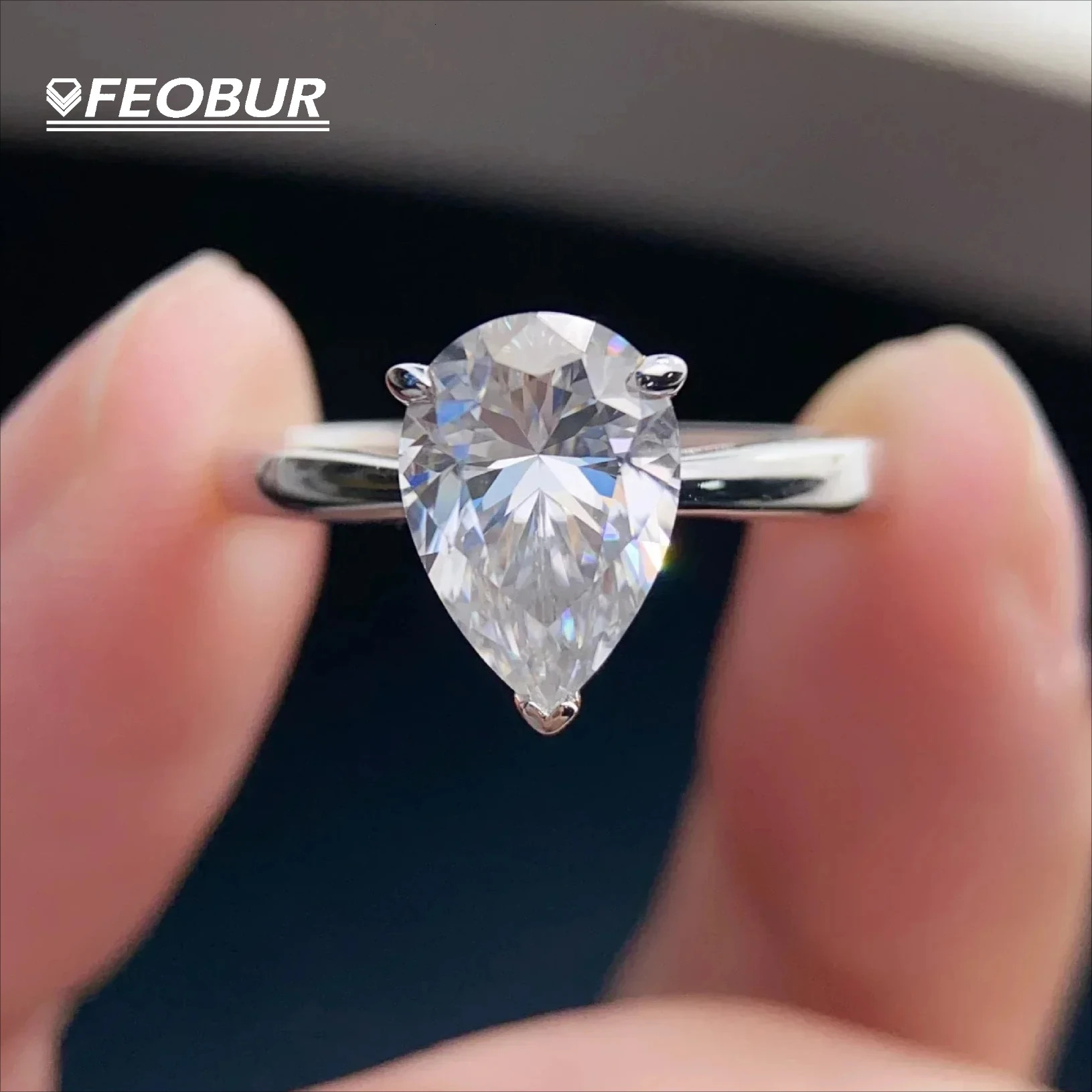 FEOBUR 7*11mm 3Carat Pear Moissanite Ring for Women S925 Sterling Silver Waterdrop Lab Diamond Engagement Wedding Band Jewelry