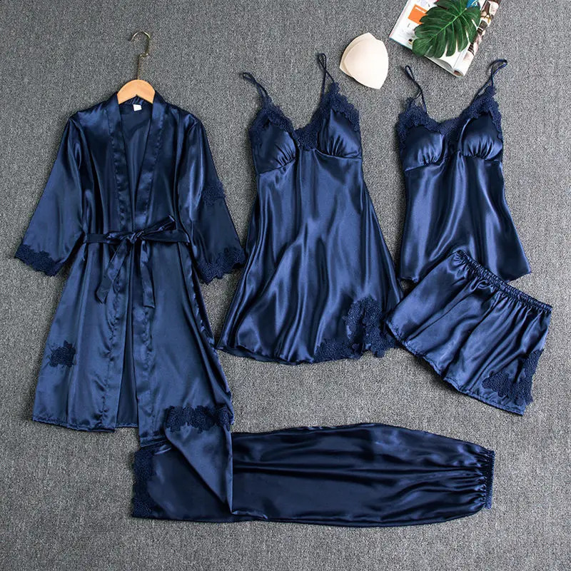 Sleepwear Female 5PCS Pajamas Set Satin Pyjamamas Lace Patchwork Bridal Wedding Nightwear Rayon Home Wear Nighty Robe Suit 250319