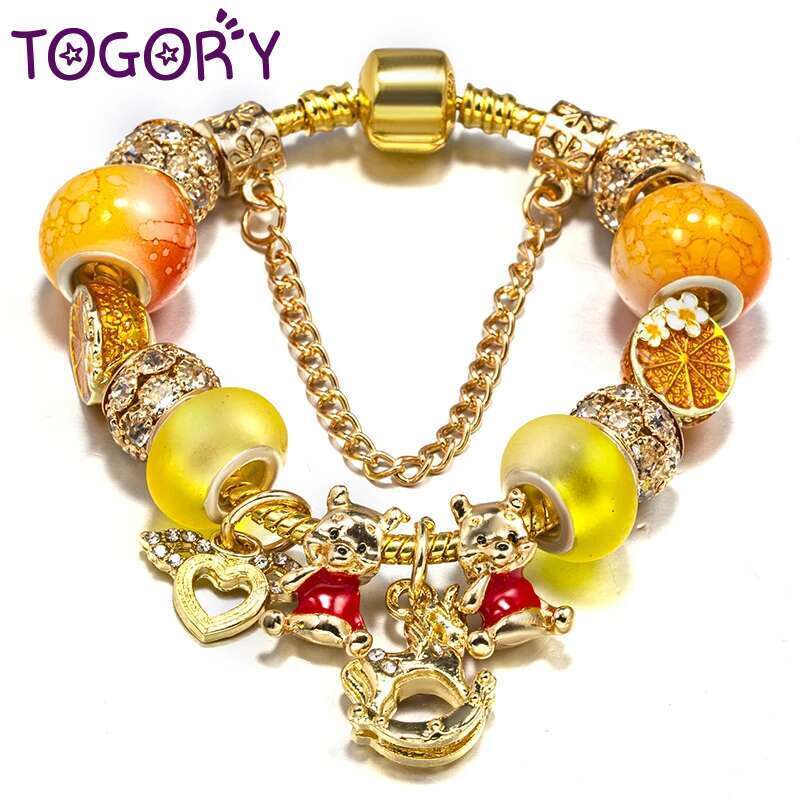 Gold Color Bear Tangerine Beads Charm Bracelets Fits diy Fashion Brand Bracelet Bangles For Women Bijoux Pulseras Jewelry Gift