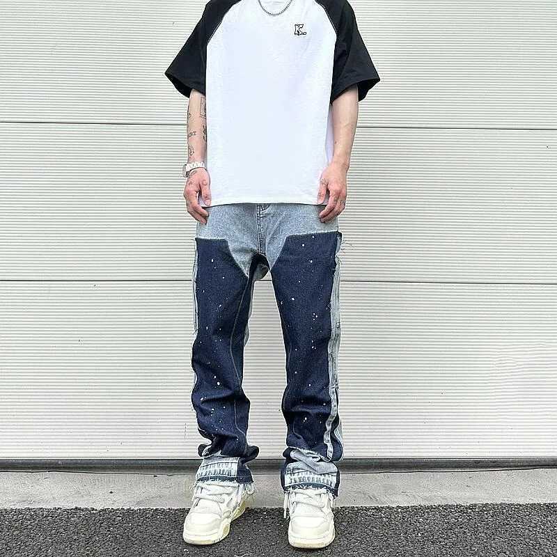 Stitching Ink Splash Jeans Mens Couple European and American Trend Brand Friend Street American Fashion Micro Flash PantsT250319