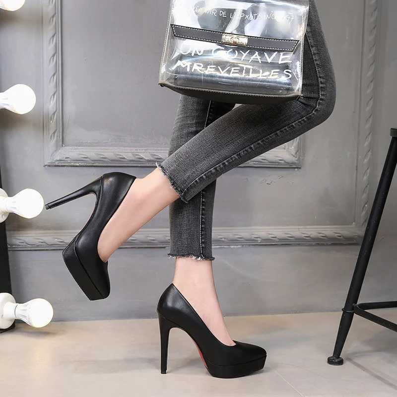 Luxury Wen Pumps Spring Autumn Slip- Platform PU Leather 12cm Thin H Korean Style Casual Wen Professional Shoes Black Y250319