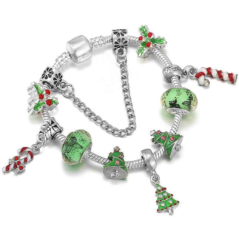 Green Christmas Tree Beads Pendant Charm Bracelets With Silver Color Chain Bracelets For Women Kids Xmas Jewelry Gift Hot Sale
