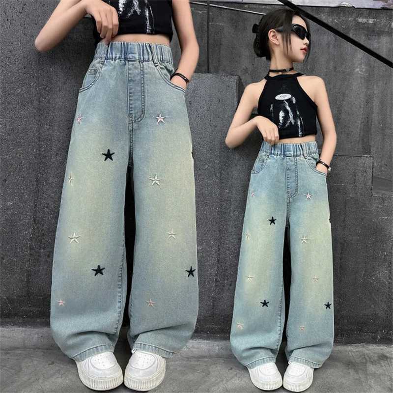 Girls pants for summer thin 5-12 years old 15 years old medium childrens casual loose style little girls denim wide leg pantsT250326