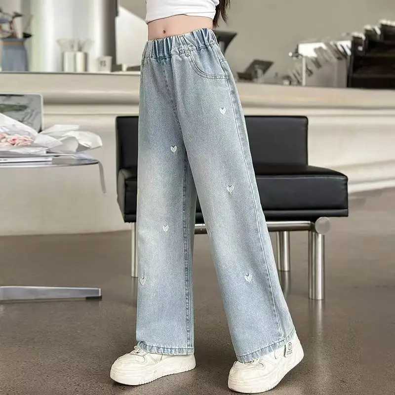 Summer Girls Middle School Fashion Loose Solid Color Small Love Jeans Casual Pants Wide Leg Pants 4-10 Years OldT250326