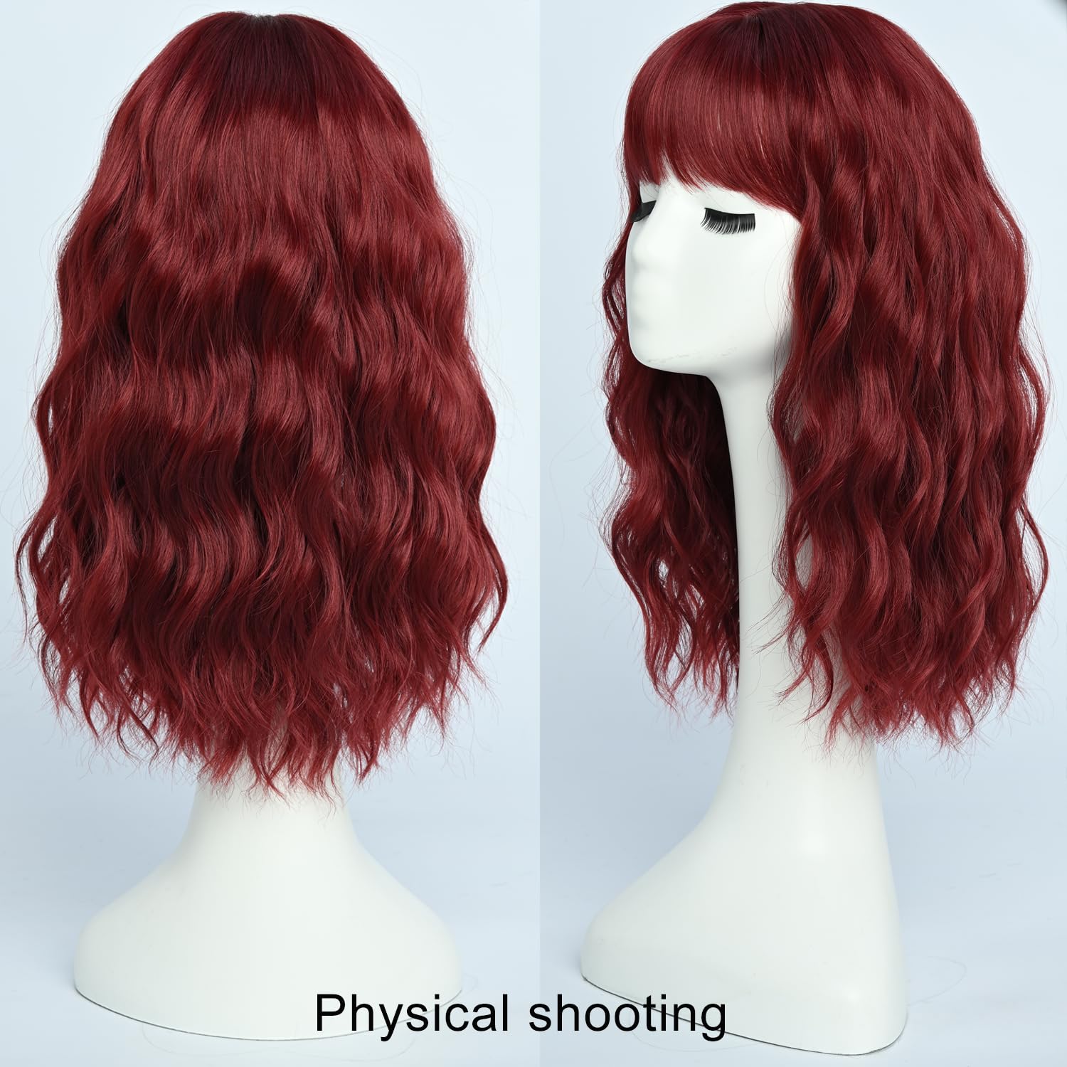 Burgundy Wigs with Bangs for Women Synthetic 16inch Medium Length Wigs with Natural Long Wavy Fringe Bang wig Heat Resistant Hair for Daily Party Use(