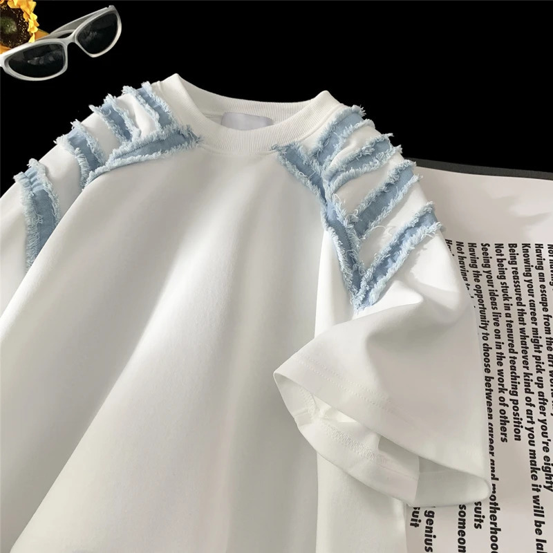 Mens street Tshirt denim patch work n fashion white black retro couple short sleeved top Y2k clothing 250319