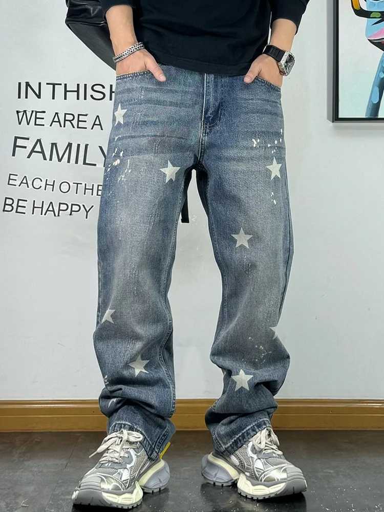 American streetwear splatter ink five dot star print mens jeans retro casual denim skateboarding pants hip-hop mens TrousersT250319