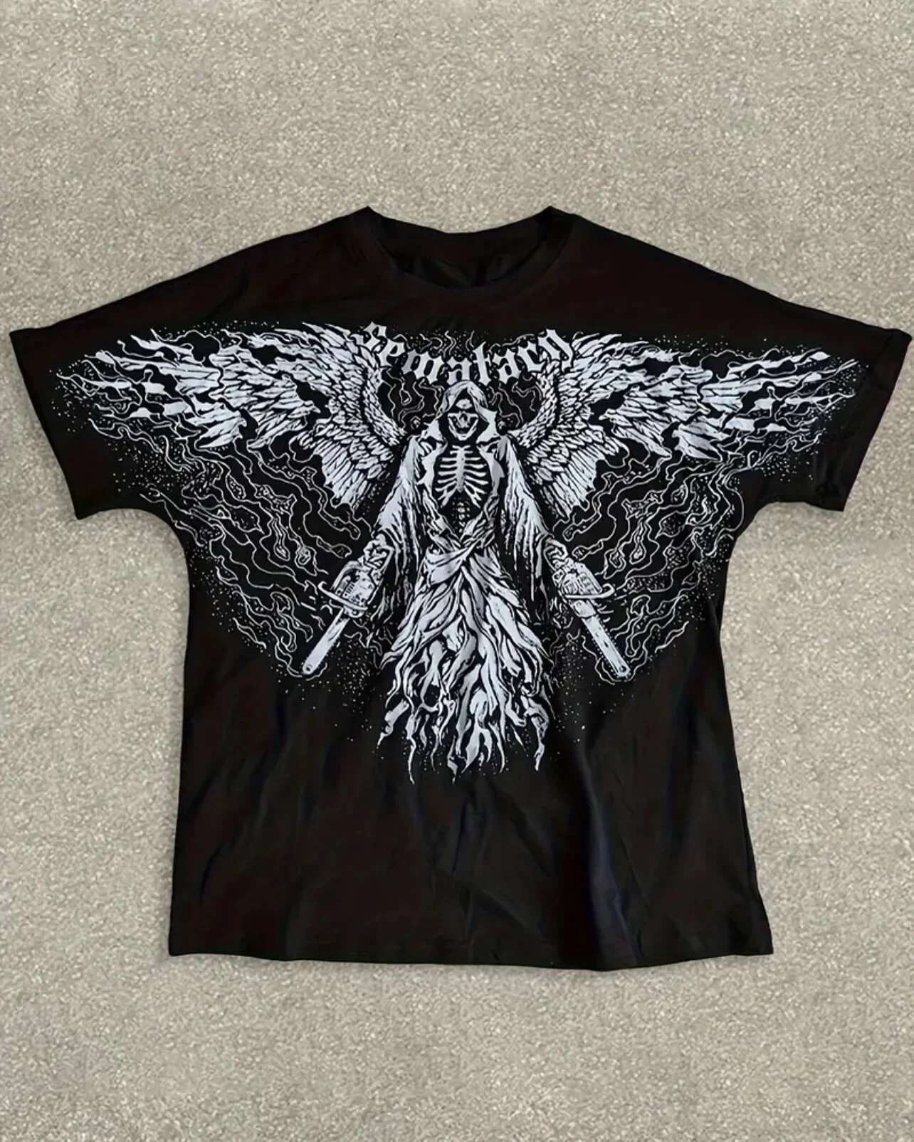 High Street Fashion Clothing Demon Angel Design Fashionable And Evergrande Black T-Shirt Men Retro Haruku Casual Loose Top