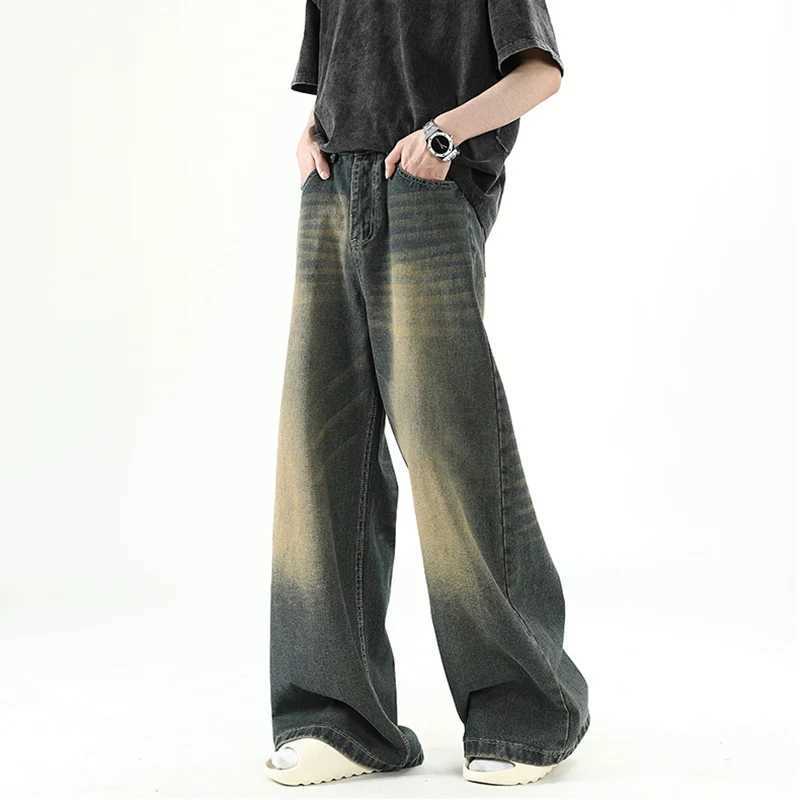 Mens denim pants old blue washed mens jeans straight jeans casual mens clothing loose wide legs Trousers new fashion Korean street denimT250319