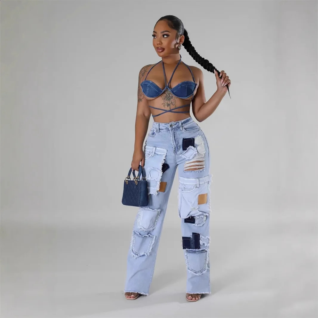 Womens Denim Pants Jeans Straight Trousers Long Pants Hole High Waist Y2k Streetwear Pockets Mom Jeans Spring Hollow Out 250314