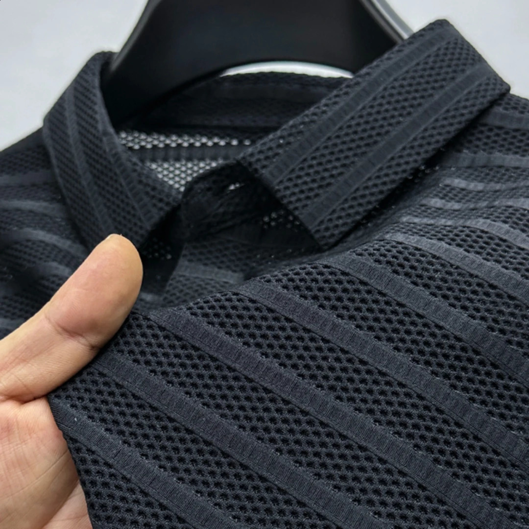 Ice Silk Mesh Hollow Polo Shirt 2023 Summer Korean Fashion Breathable Loose Tshirt Mens Clothing Short Sleeve Ropa 250318