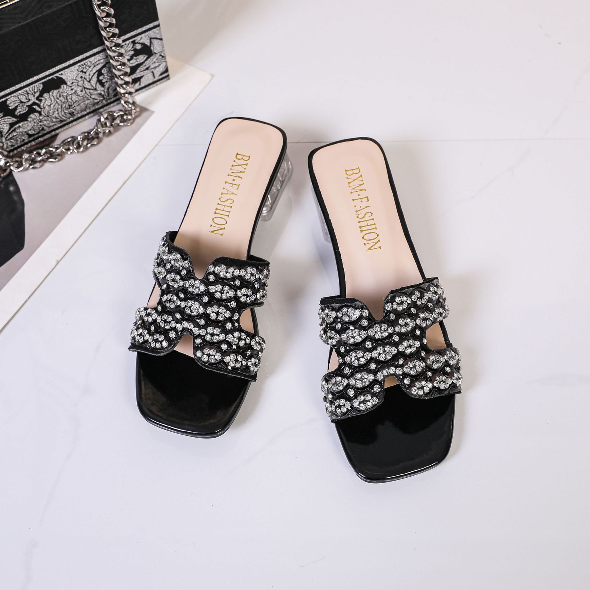 Designer Slippers 2025 New Sandal Diamond Shaped High-heeled Slippers For Women's Spring Square Toe Fashion Women's Sandals Trendy Outdoor H