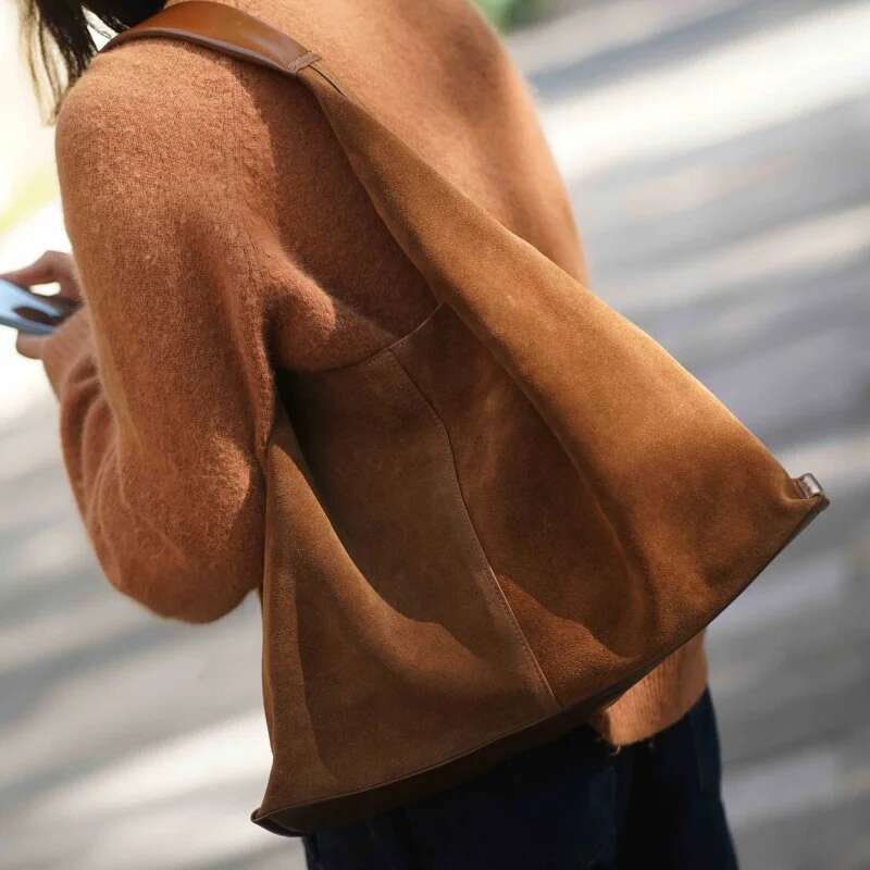 Reverse Veet Cowhide Tote Handbag For Women 2025 Durable Underarm Shoulder Bag Suede Leather Casual Commuter Shopper Bags
