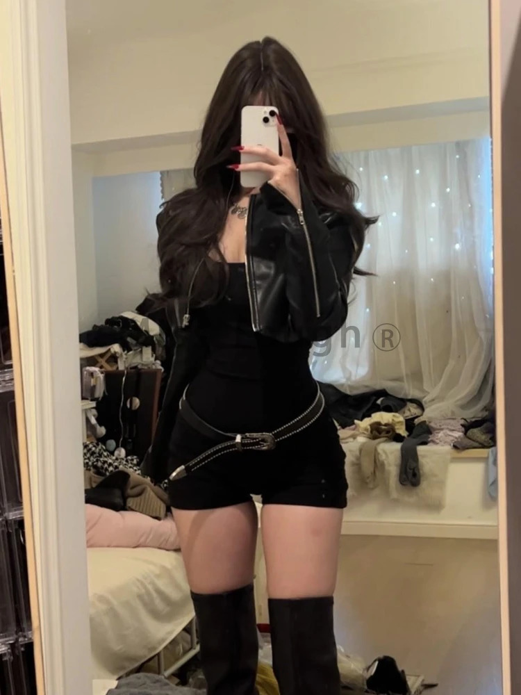 Gothic Sexy Y2k Two Piece Set Women Korean Casual High Street Retro Suit Female Elegant Leather Tops Waist Jumpsuit 2024 250320