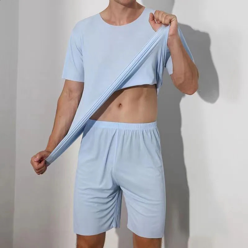 Mens TwoPiece Summer Thin Section Senior Ice Silk Feeling Round Neck Solid Color Short Sleeve Suit Sports Casual Homewear 250319