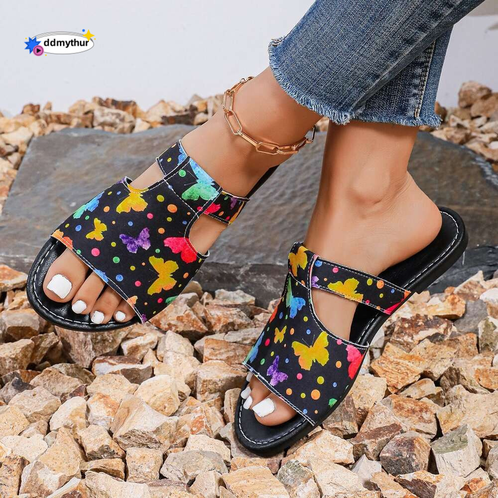 2024 Summer New Breathable Print Color Block Roman Style Women's Flat Bottom Sandals ddmythur