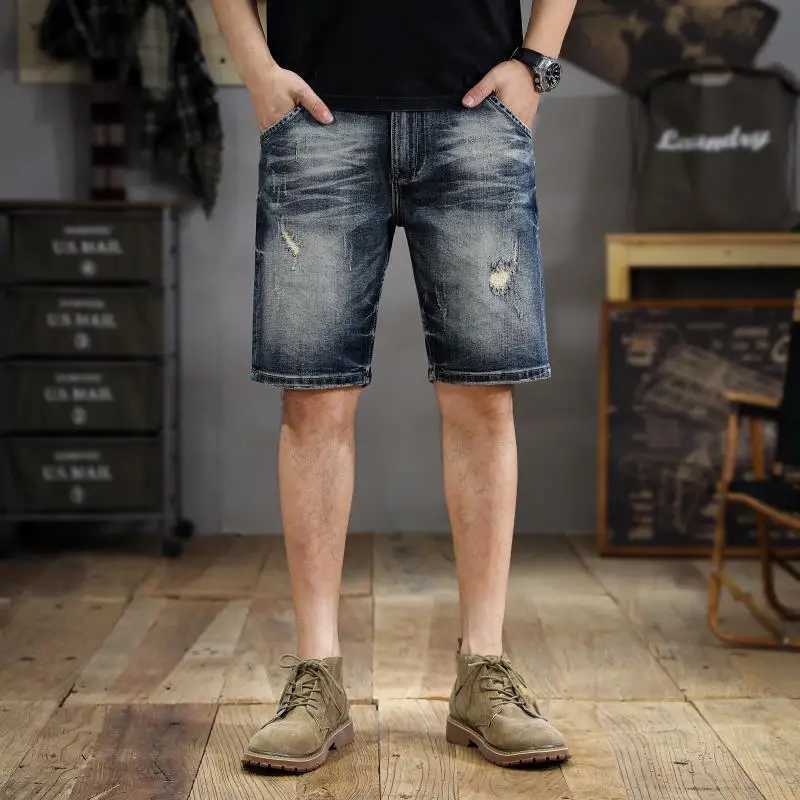 New American Fashion Vintage Wash Scratch Hole Denim Shorts Mens Slim Straight Five Minute Trousers Gangster Handmade W250319