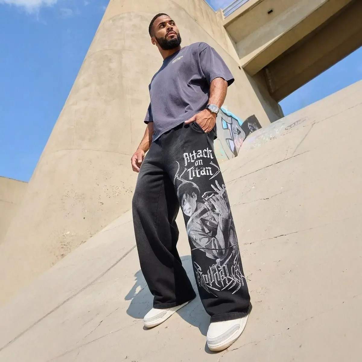 Summer US Younglajoint Anime Attack Titan Slow Runner Cotton Ring Printed Wide Leg Pure Cotton Sports Pants 250318