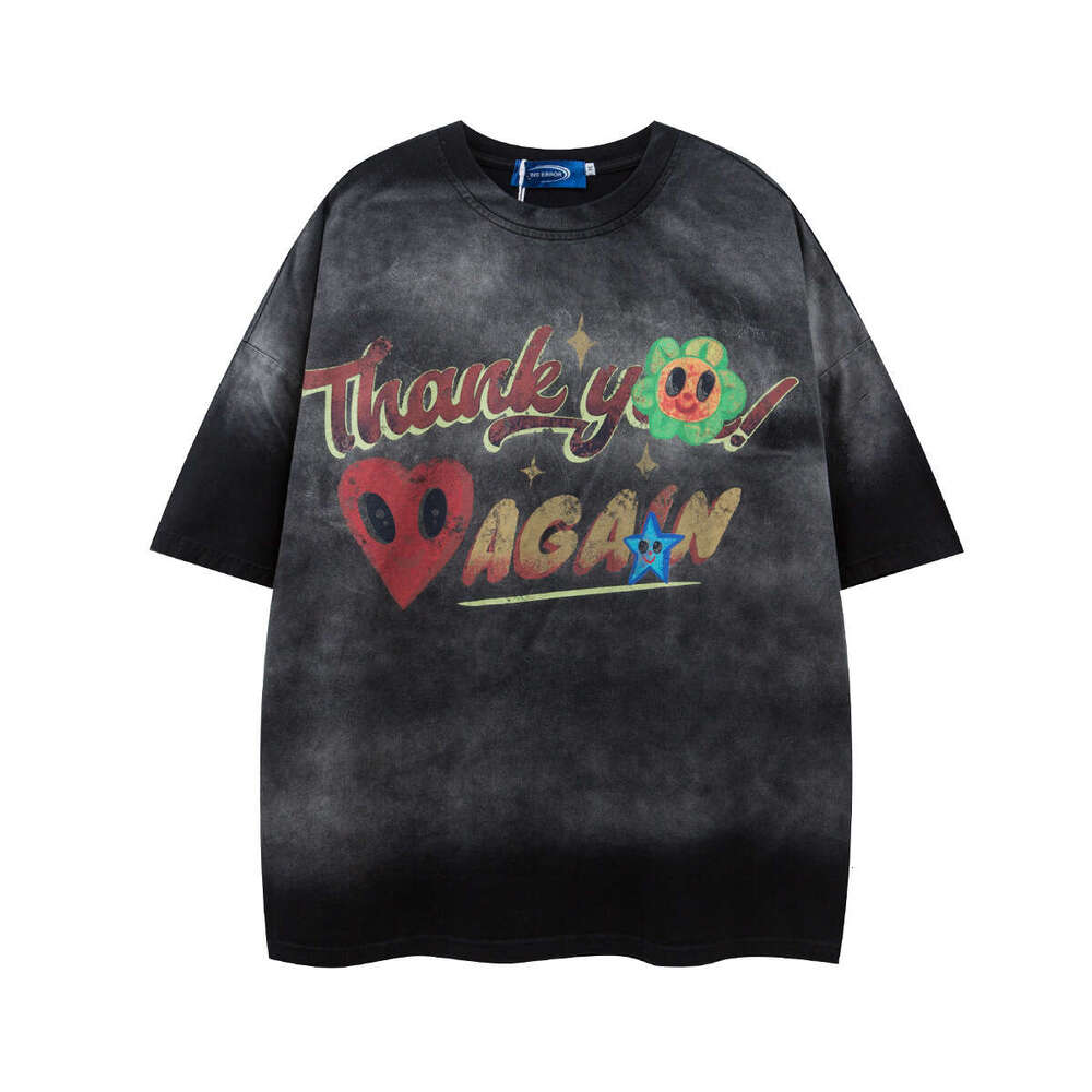 Jiayiku Men's 2025 Summer New American Trendy Brand Washed Tee Fun Graffiti Printed Short Sleeve T-shirt