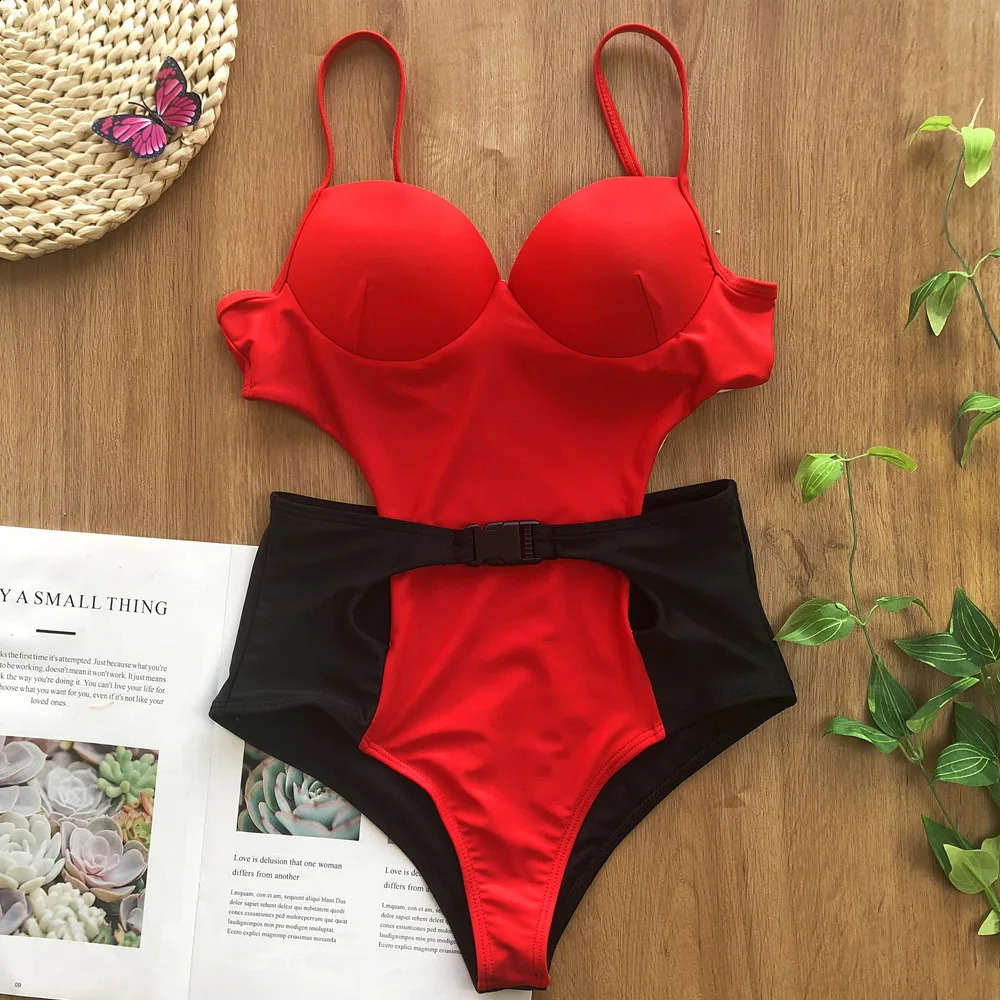 Vigoshely Sexy Push Up Swimwear Women Retro One Piece Swimsuit Female High Waist Belt Monokini Hollowed Bathing Suit Swim 250319