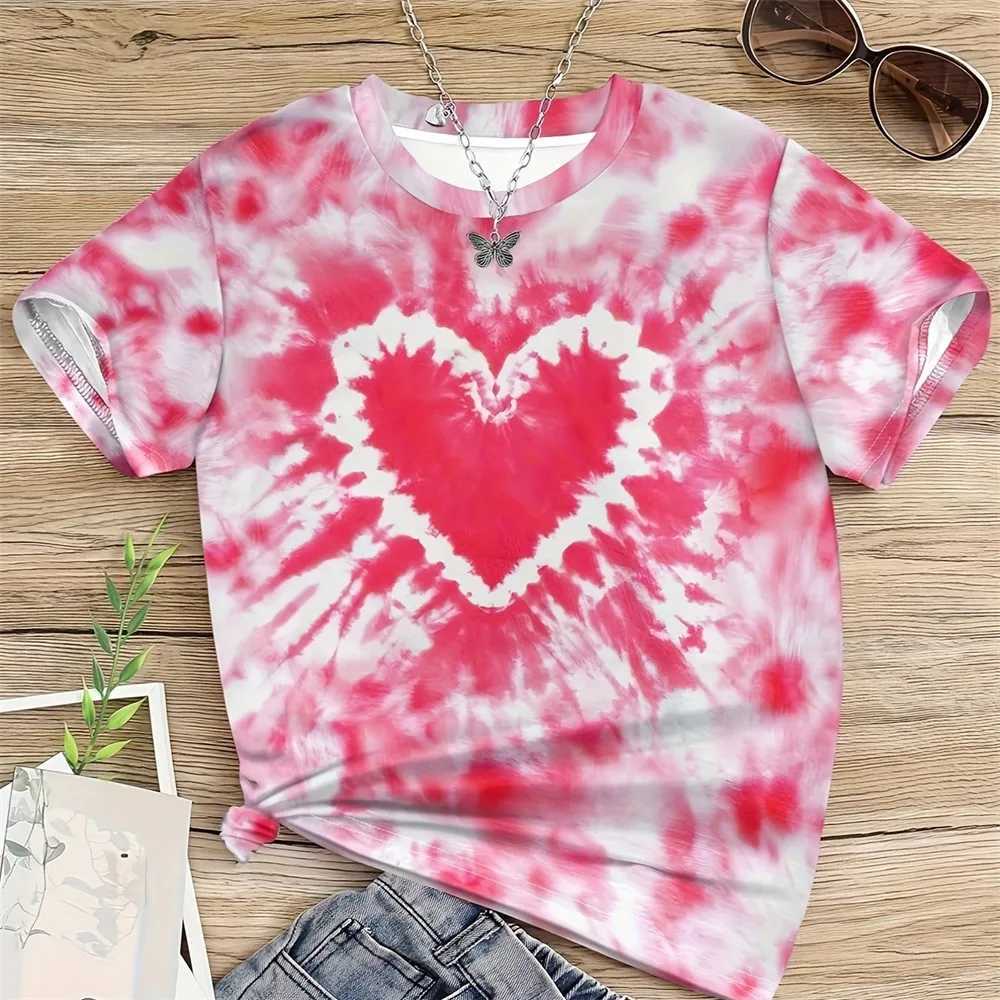 Valentines Girl Clothes Heart 3D Printed Fashionable Childrens Girl T-shirt Short sleeved Dress for Girls Aged 12 to 14T250320