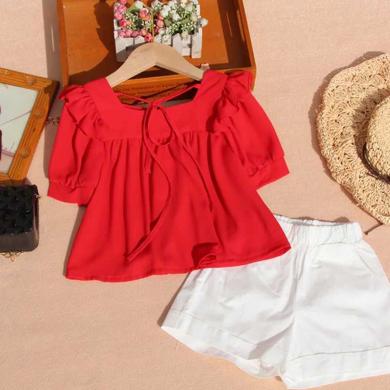 New Summer Puff Sleeve Blouse for Toddler Girls Korean Chiffon Short Sleeve Tops Children Pure Color Doll Shirt Clothes 10 12YrsT250320