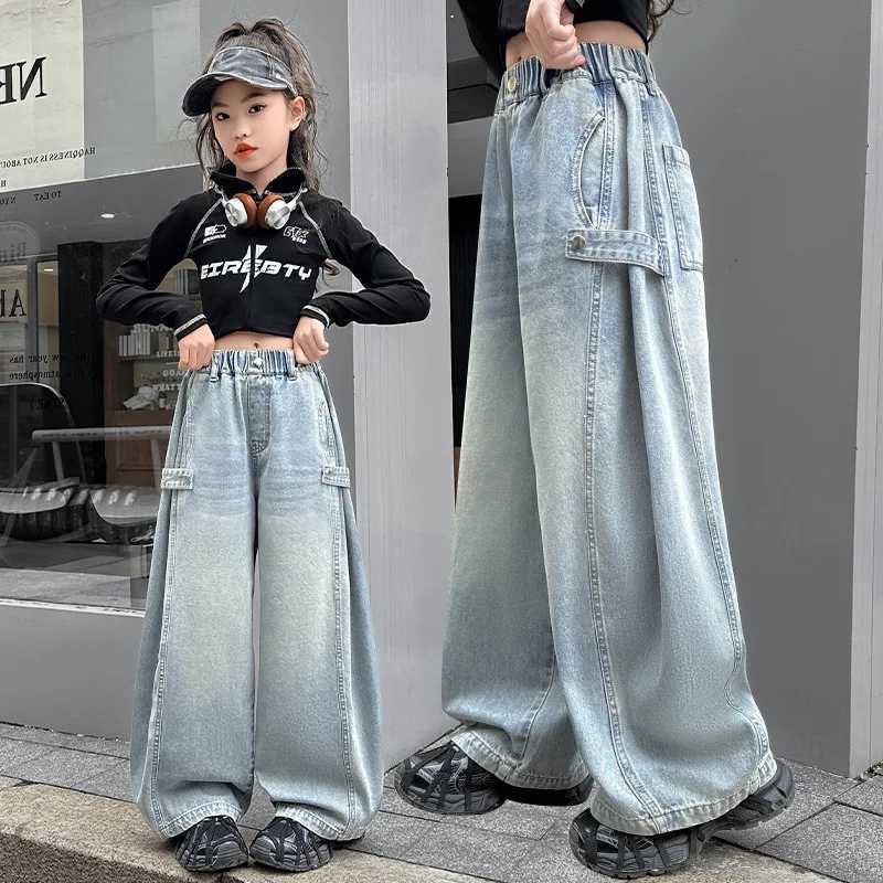 New autumn teenage girls jeans high waist wide leg pants childrens loose fit Korean blue jeans casual style Trouser clothingT250326