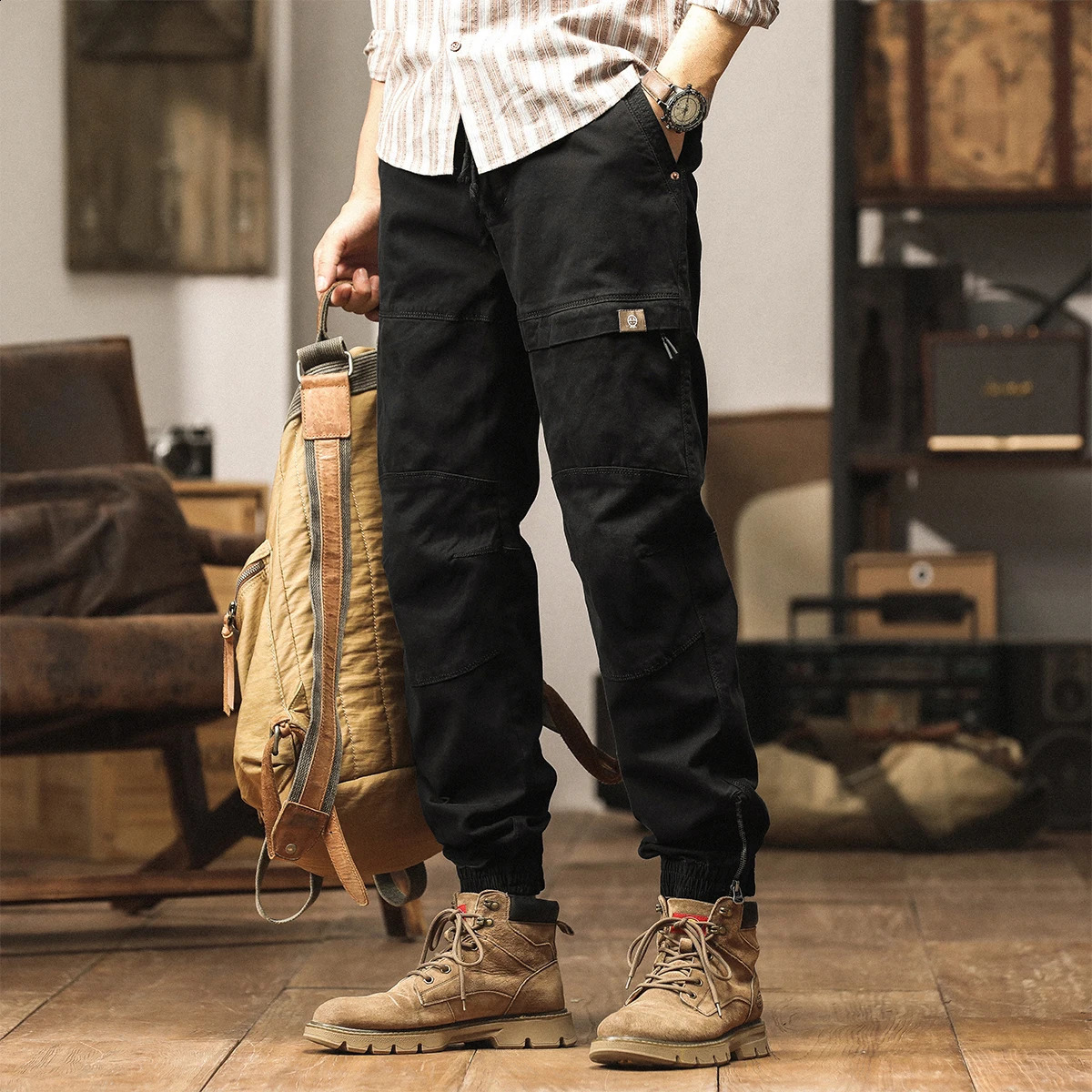 Cotton mens cargo pants with elastic waist and Trouser multi pocket casual jogging suitable for ankle length zipper purple drag 250317