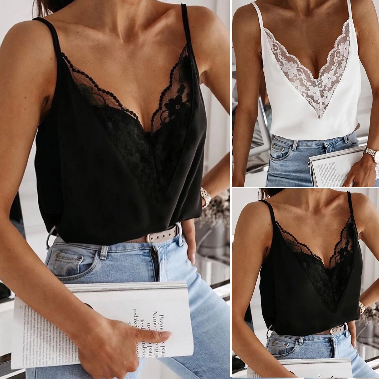 2024 Sleeveless Lace Trim Vest Top Womens Sexy Vneck Camis Fashion Silk Satin Camisole Chiffon Blouse 250224