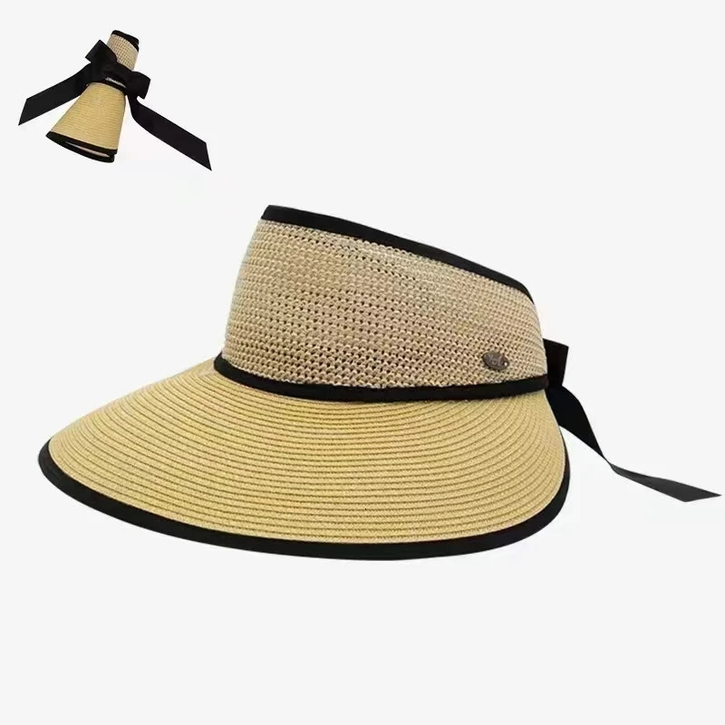 Summer Adjustable Ribbon Empty Top Straw Hats For Women Foldable Wide Large Brim Beach Hat Chapeau Femmeuv Protection Cap 250320