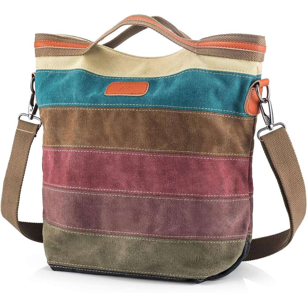 Canvas Handbag Multi-Color Striped Lattice Cross Body Shoulder Purse Bag Tote-Handbag for Women