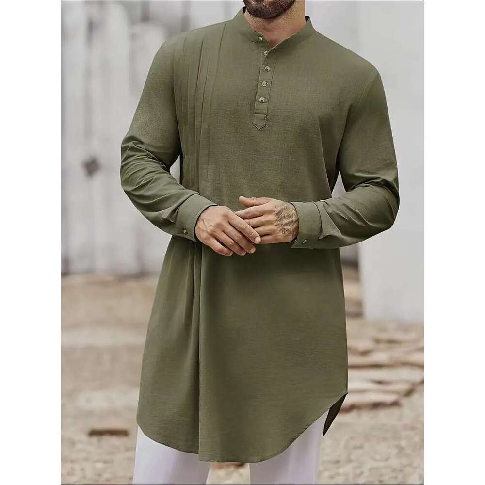 2025 New Arab Malaysian Men's Button Cotton And Hemp Shirt Muslim Robe