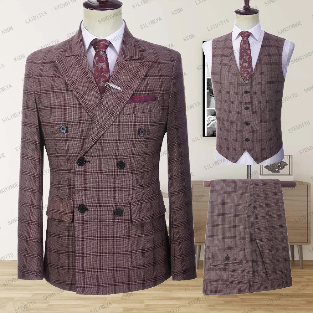 Mens Wedding Plaid Burgundy Blazers Jacket Pants Vest 3 Pcs Set 2025 Slim Fit Business Tuxedo Dress Classic Formal Suits Coat 250311