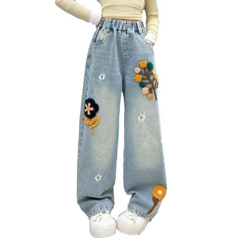 Spring Kids retro blue jeans with decals suitable for girls new casual outdoor denim pants slim fit loose jeans suitable for teenagersT250326